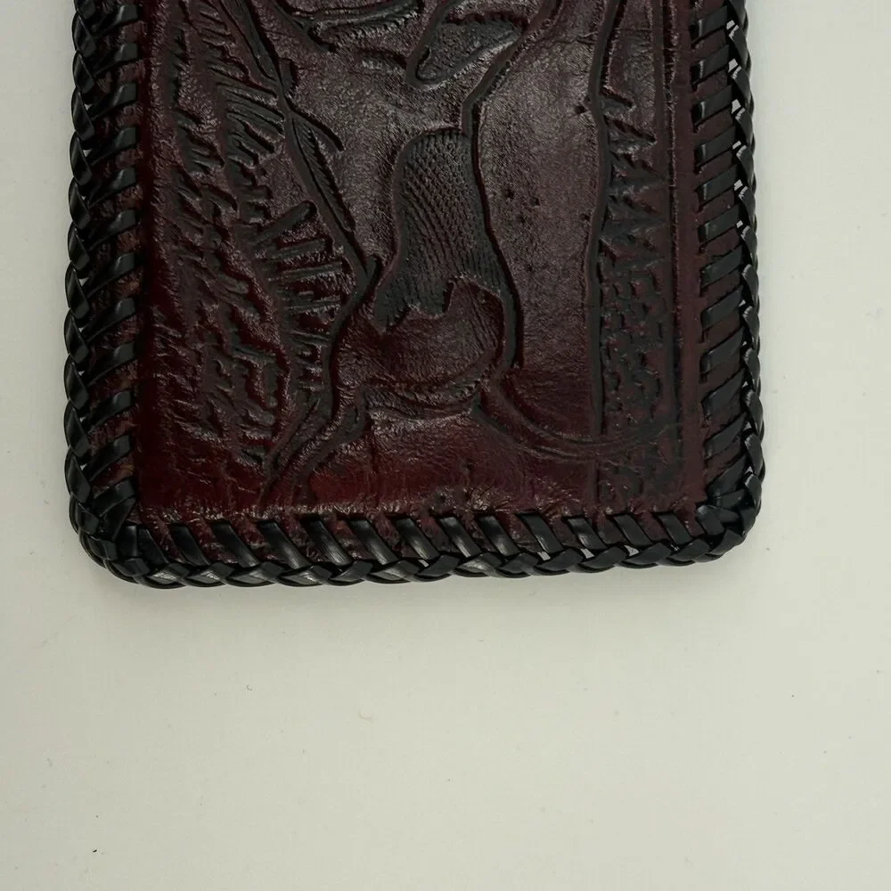 Vintage Hand Tooled Leather Billfold Wallet hunting dog bunny rabbit trifold